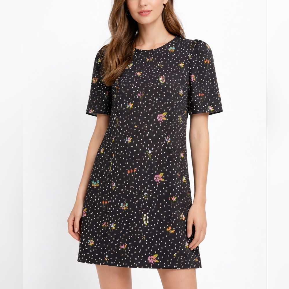 ZARA BASICS Short Sleeve Black Ditsy Floral Shift Dress with Pockets, Size S